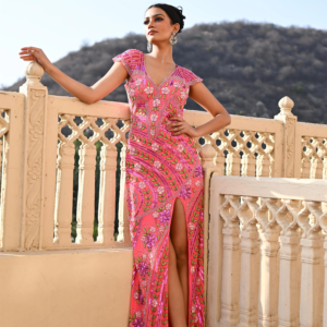 Neon Pink Evening Gown with slit