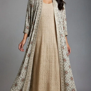 Beige Printed Shrug Dress Set – Mohikas