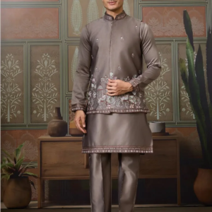 Grey Embroidered Kurta Waistcoat Set – Mohikas