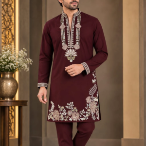 Men's Gold Embroidered Kurta (KT355850) - Mohikas