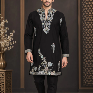 Men's Silver Embroidered Kurta (KT356850) - Mohikas