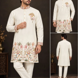 Men's Hem Embroidered Kurta (KT4051100) - Mohikas
