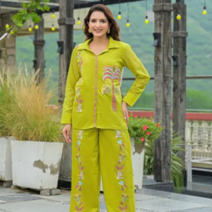 Lime Green Embroidered Shirt Palazzo Co-ord Set – Mohikas