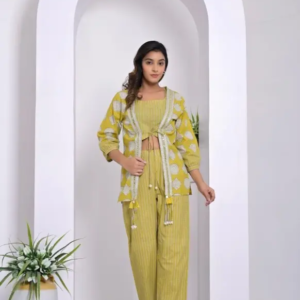 Lime Stripe Crop Top Palazzo Shrug Set – Mohikas