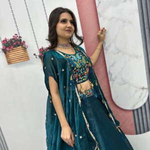Teal Embroidered Cape Lehenga – Mohikas