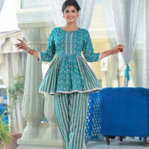 Teal Printed Peplum Kurta Striped Palazzo Set – Mohikas