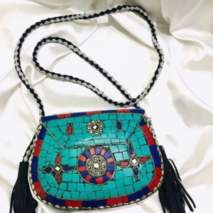 Turquoise and red mosaic crossbody bag with black tassels by Mohikas