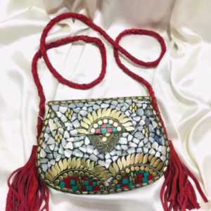 White and gold mosaic crossbody bag with red tassels by Mohikas